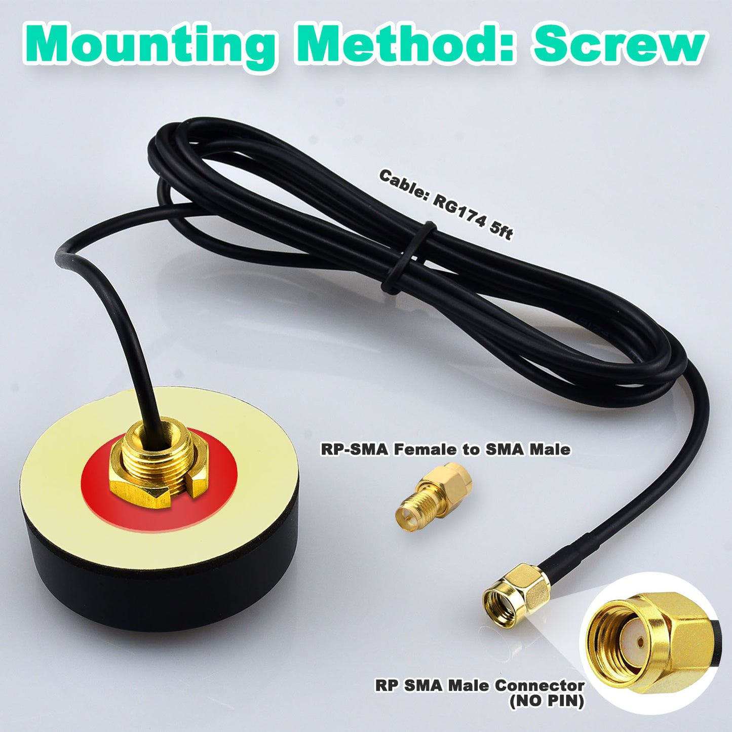 YOTENKO WiFi Puck Antenna Dual Band 2.4G 5.8 GHz, 5dBi Omni-Directional Mini Screw Mount RP-SMA Male Antenna 5ft Cable w/SMA Male to RP-SMA Female Adapter