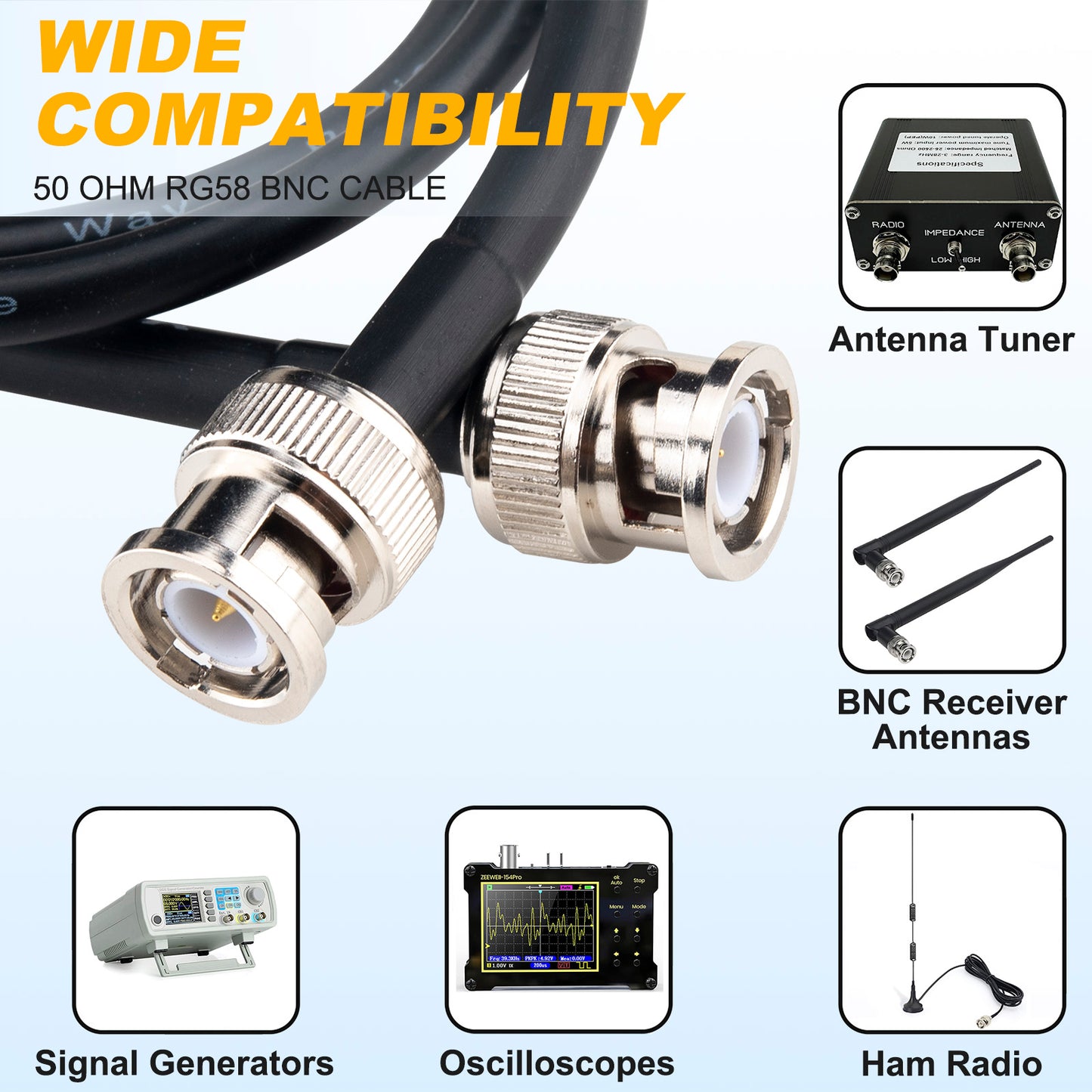 YOTENKO BNC Cable 50 Ohm BNC Male to BNC Male Extension Cable RG58 Coax Cable + Set of 3 BNC Female to BNC Female/SMA Male/SMA Female Connector Adapters