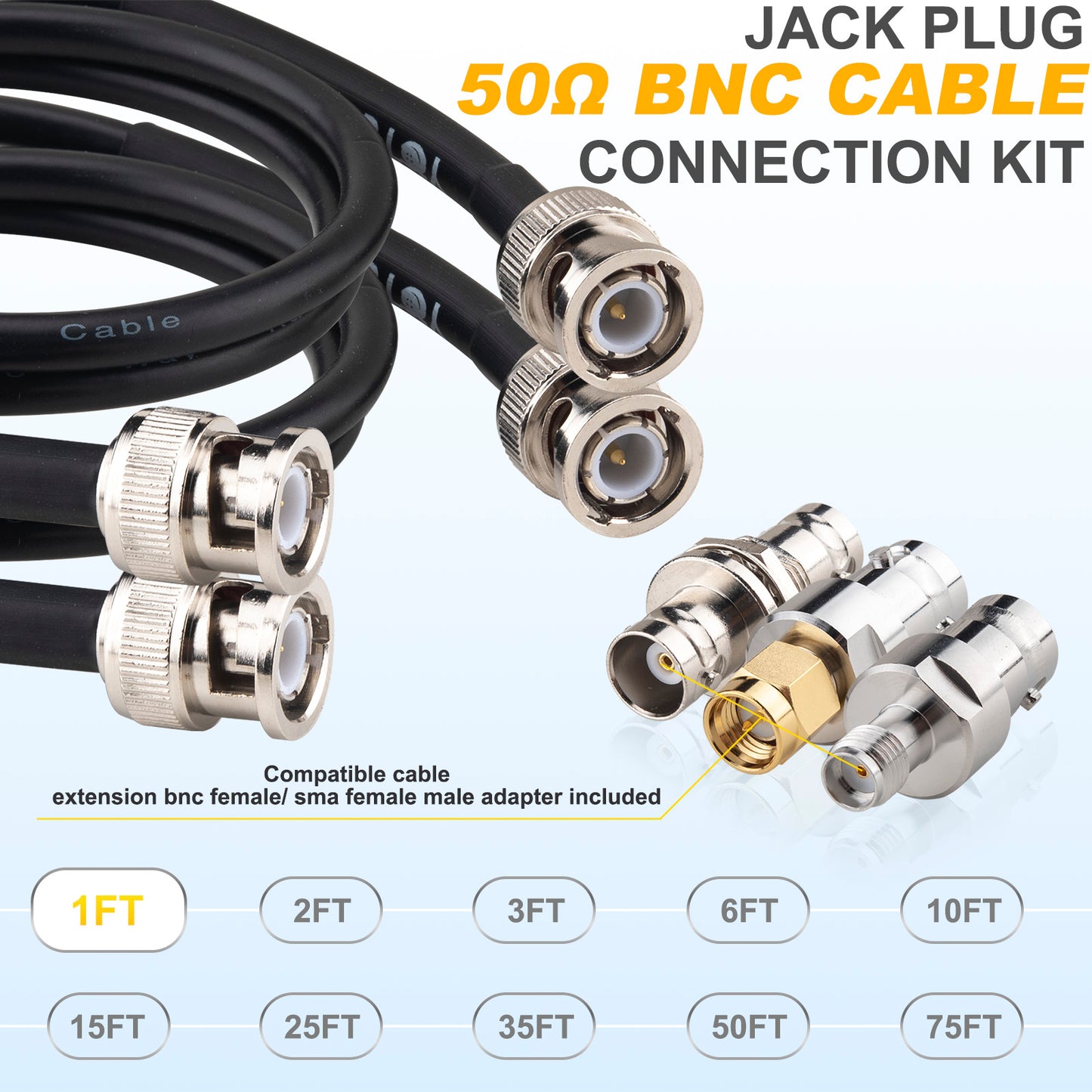 YOTENKO BNC Cable 50 Ohm BNC Male to BNC Male Extension Cable RG58 Coax Cable + Set of 3 BNC Female to BNC Female/SMA Male/SMA Female Connector Adapters