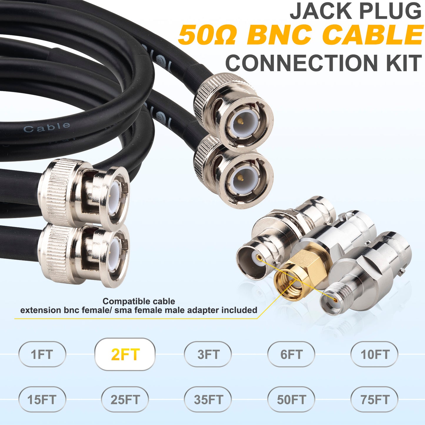 YOTENKO BNC Cable 50 Ohm BNC Male to BNC Male Extension Cable RG58 Coax Cable + Set of 3 BNC Female to BNC Female/SMA Male/SMA Female Connector Adapters