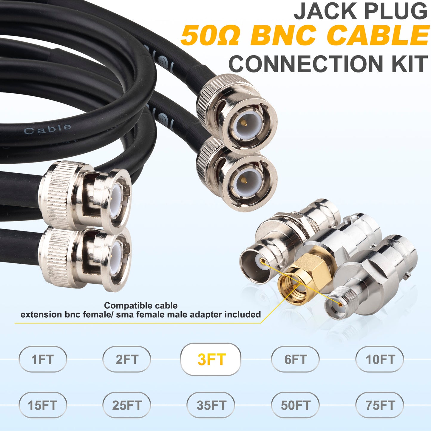 YOTENKO BNC Cable 50 Ohm BNC Male to BNC Male Extension Cable RG58 Coax Cable + Set of 3 BNC Female to BNC Female/SMA Male/SMA Female Connector Adapters