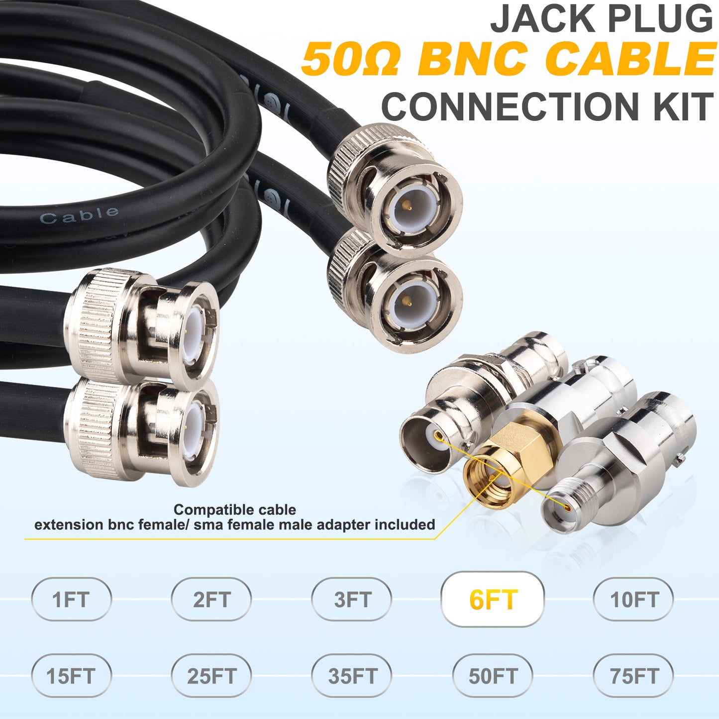 YOTENKO BNC Cable 50 Ohm BNC Male to BNC Male Extension Cable RG58 Coax Cable + Set of 3 BNC Female to BNC Female/SMA Male/SMA Female Connector Adapters