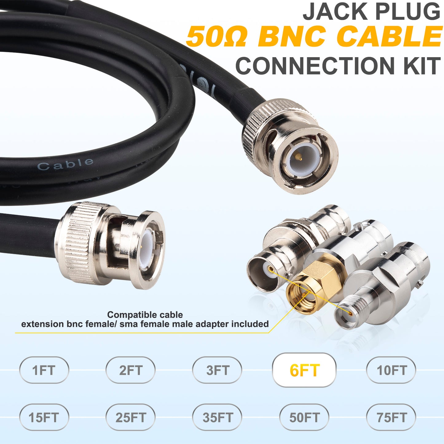 YOTENKO BNC Cable 50 Ohm BNC Male to BNC Male Extension Cable RG58 Coax Cable + Set of 3 BNC Female to BNC Female/SMA Male/SMA Female Connector Adapters