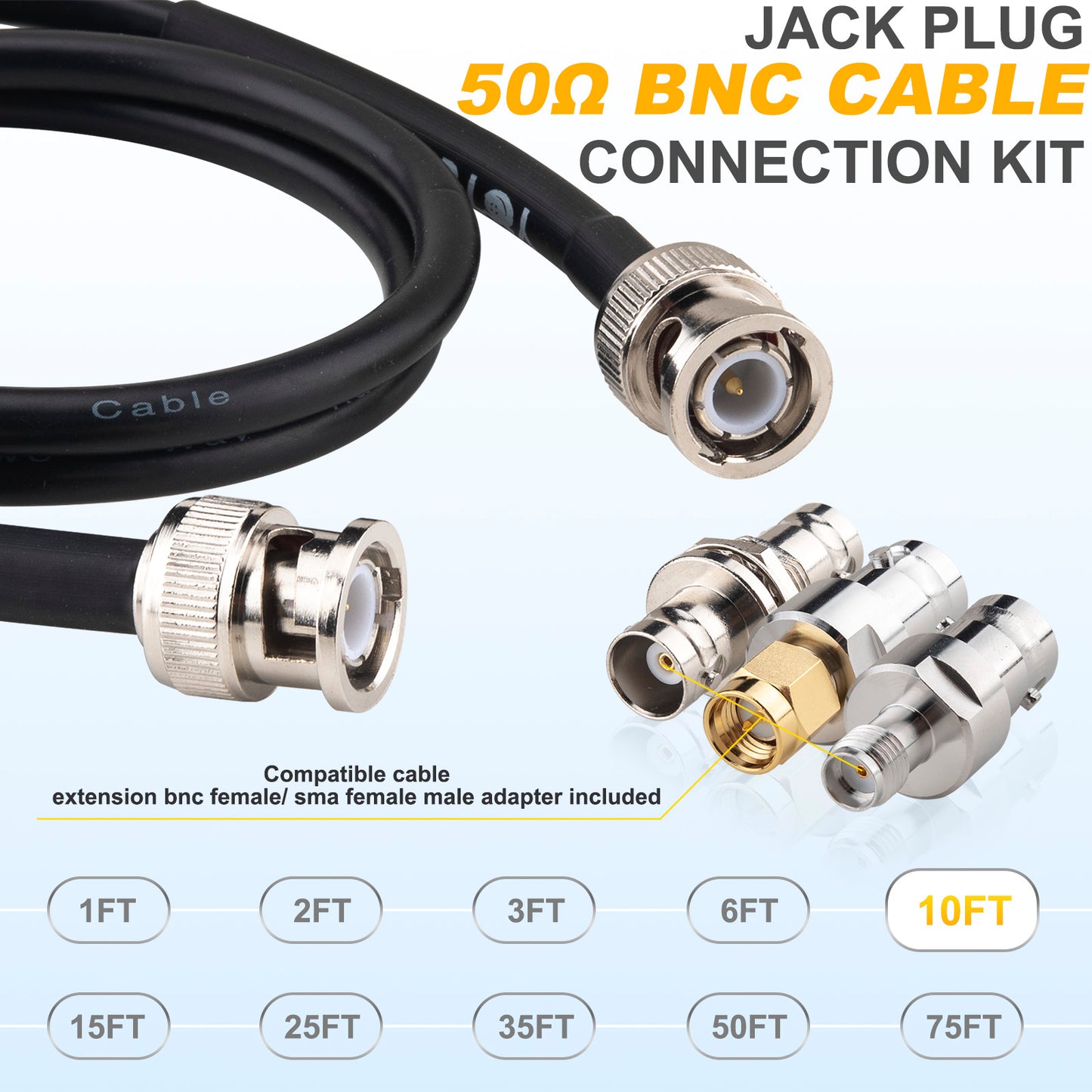 YOTENKO BNC Cable 50 Ohm BNC Male to BNC Male Extension Cable RG58 Coax Cable + Set of 3 BNC Female to BNC Female/SMA Male/SMA Female Connector Adapters