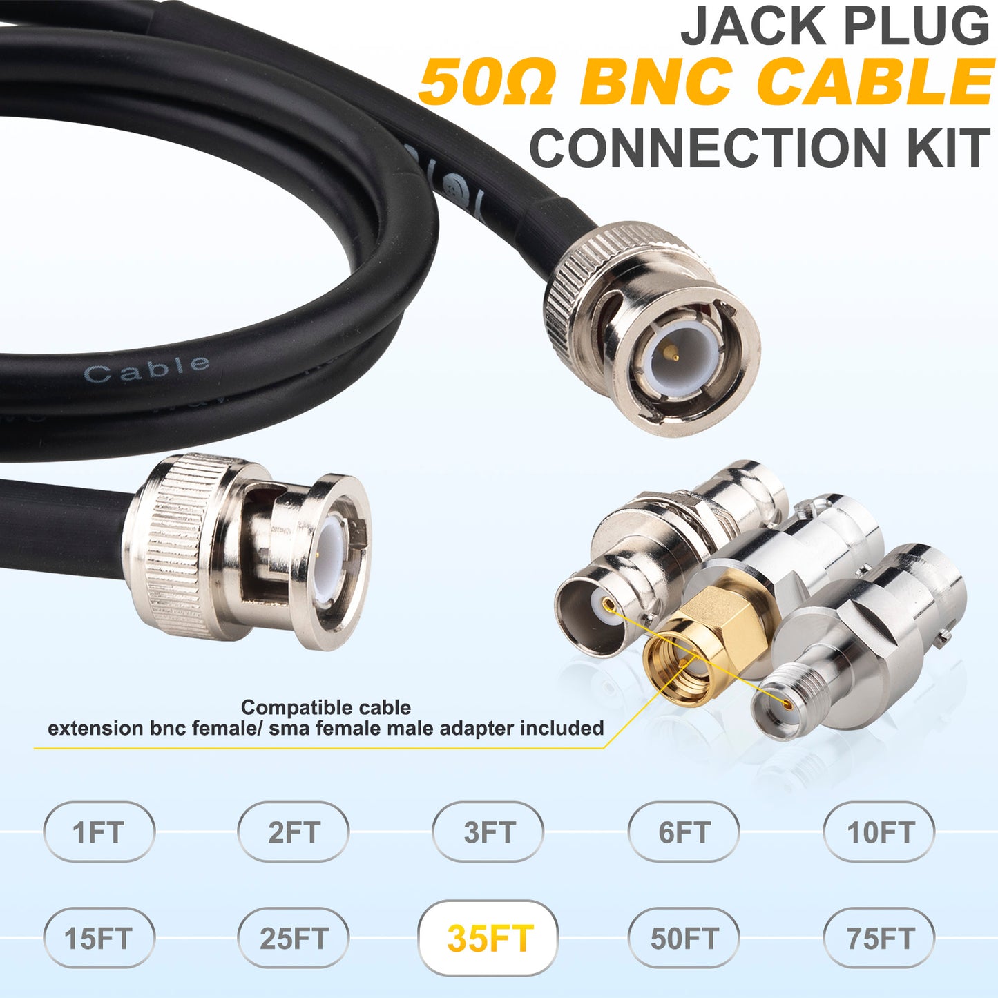 YOTENKO BNC Cable 50 Ohm BNC Male to BNC Male Extension Cable RG58 Coax Cable + Set of 3 BNC Female to BNC Female/SMA Male/SMA Female Connector Adapters
