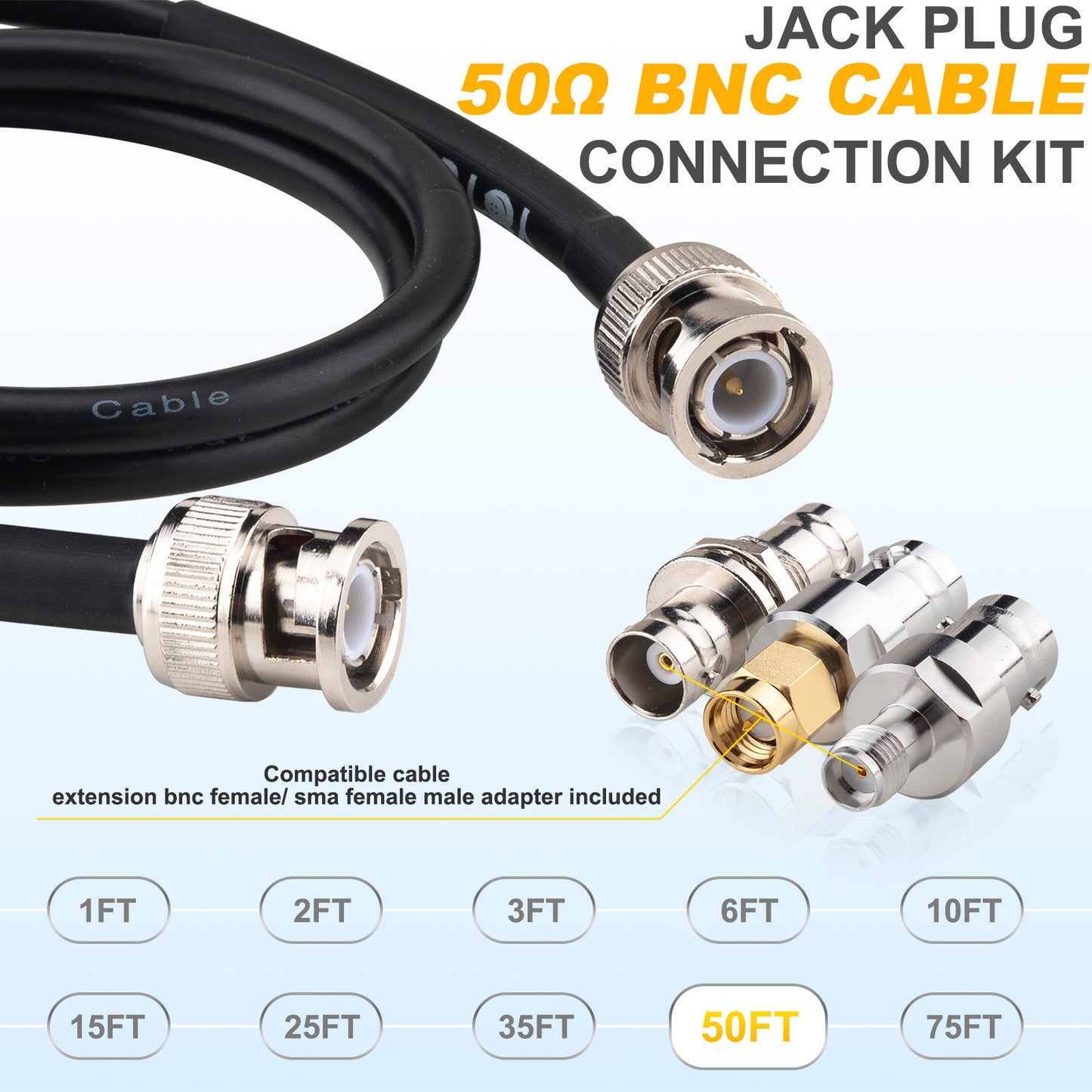 YOTENKO BNC Cable 50 Ohm BNC Male to BNC Male Extension Cable RG58 Coax Cable + Set of 3 BNC Female to BNC Female/SMA Male/SMA Female Connector Adapters