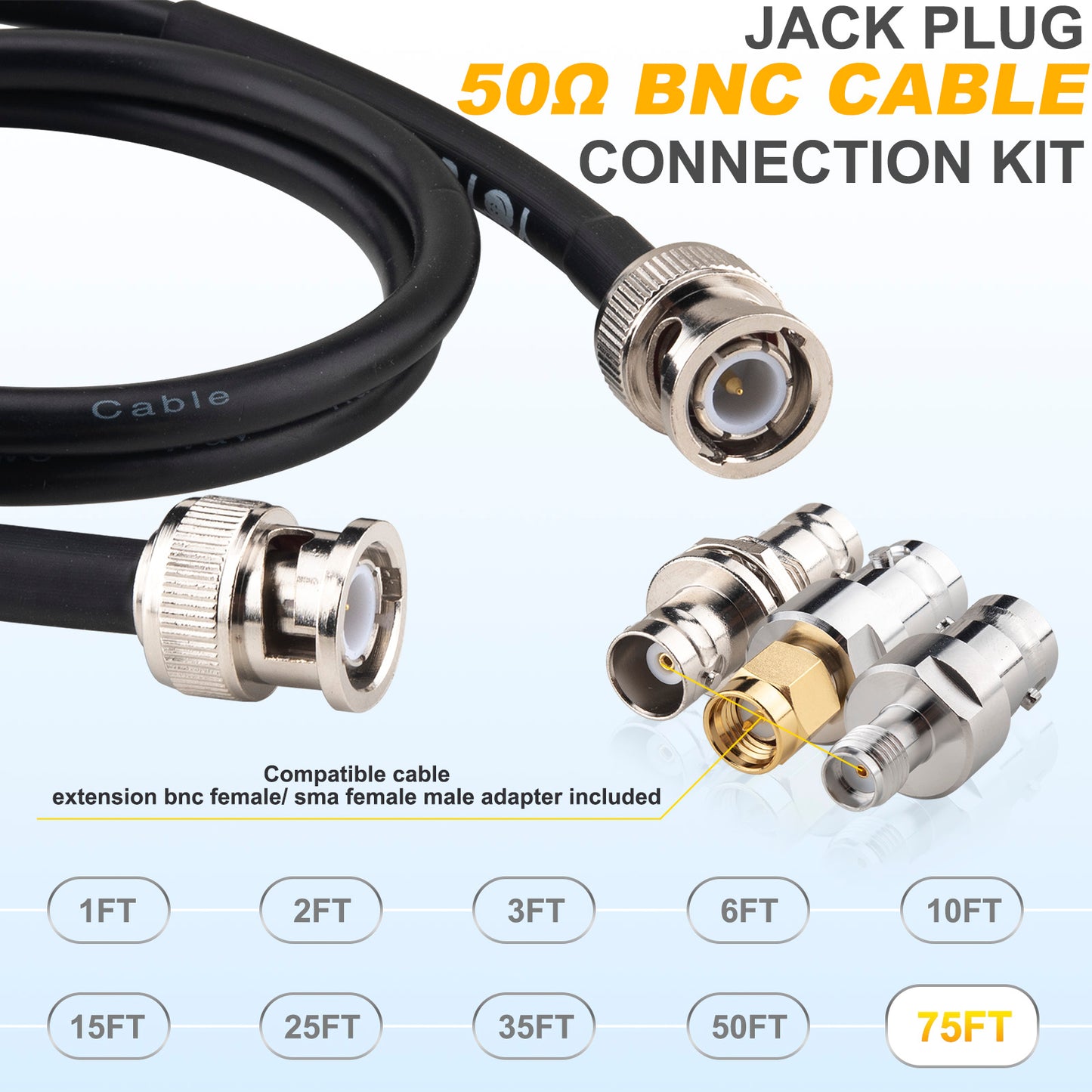 YOTENKO BNC Cable 50 Ohm BNC Male to BNC Male Extension Cable RG58 Coax Cable + Set of 3 BNC Female to BNC Female/SMA Male/SMA Female Connector Adapters
