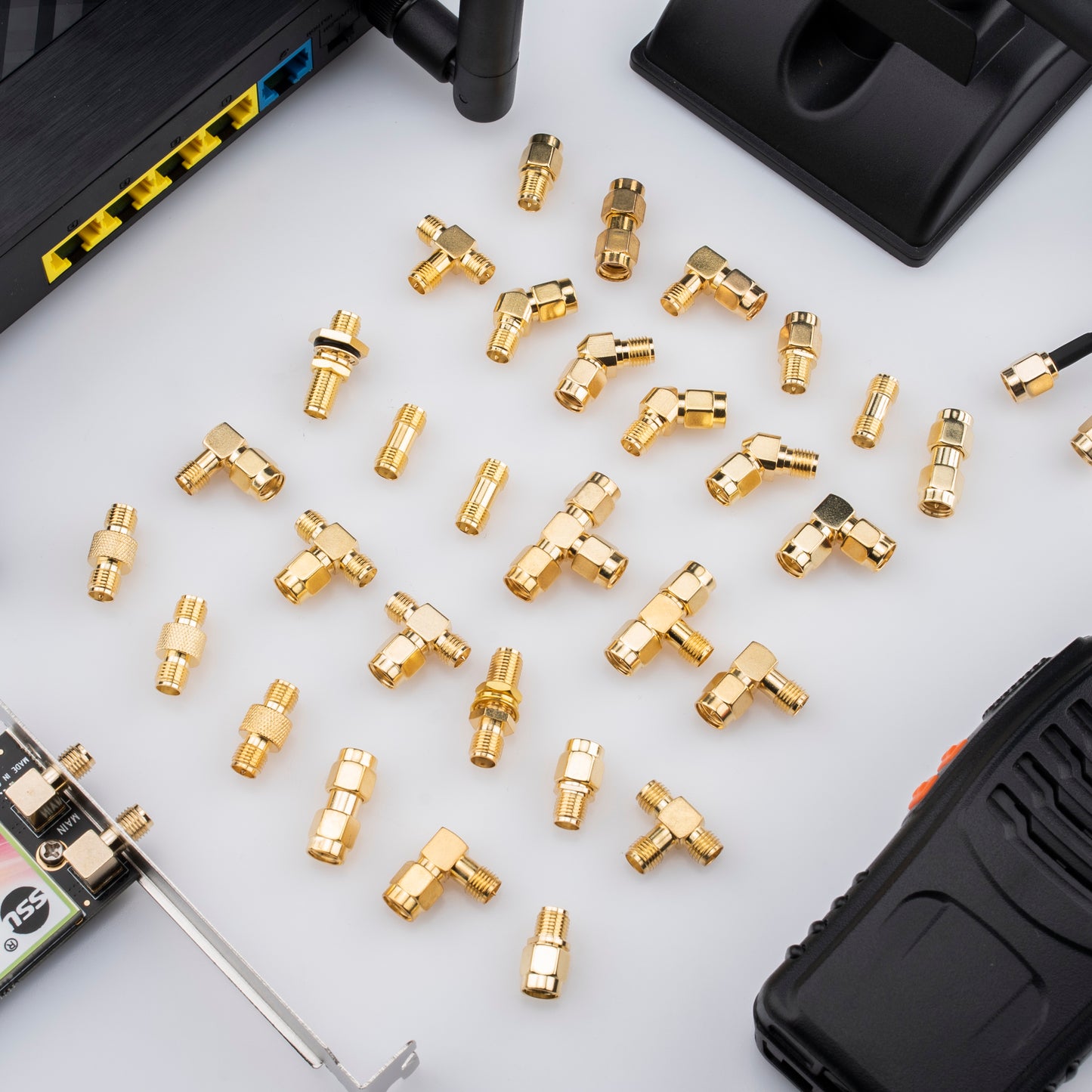 YOTENKO SMA Connectors Kit 30 Type SMA RP-SMA Male Female Adapter, T-Type 90° 45° Straight SMA Adapter Goldplated Brass RF Coax Set for FPV Baofeng Antennas Radio Yaesu IP Camera SDR