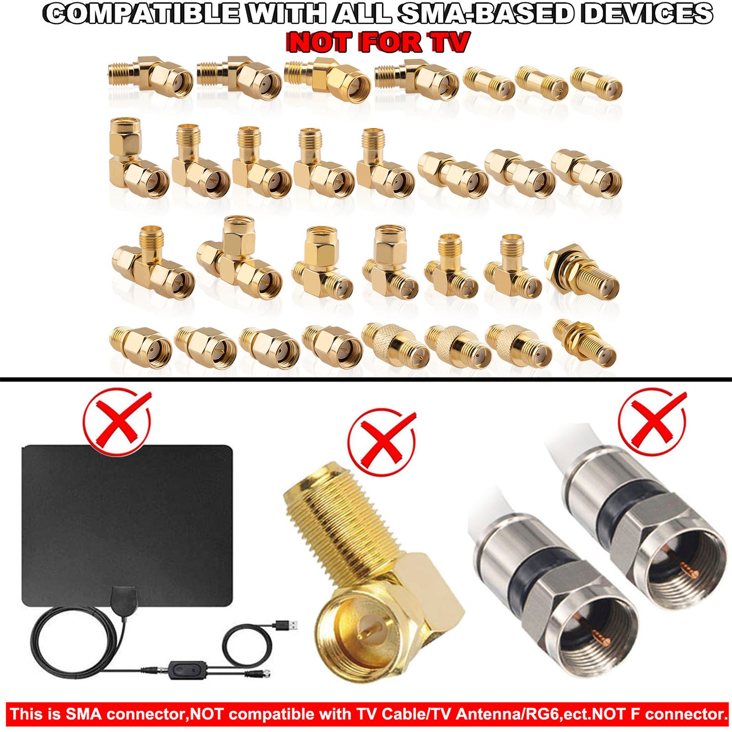 YOTENKO SMA Connectors Kit 30 Type SMA RP-SMA Male Female Adapter, T-Type 90° 45° Straight SMA Adapter Goldplated Brass RF Coax Set for FPV Baofeng Antennas Radio Yaesu IP Camera SDR