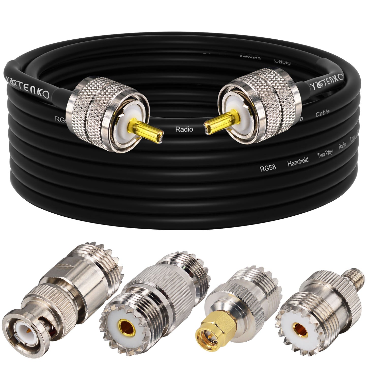 YOTENKO Ham Radio Coax Cable 50 Ohm,RG58 Coaxial Cable 49.2Ft,UHF PL259 Male to Male Cable + UHF SO239 Female to SMA/UHF/BNC Adapter 4-Pack