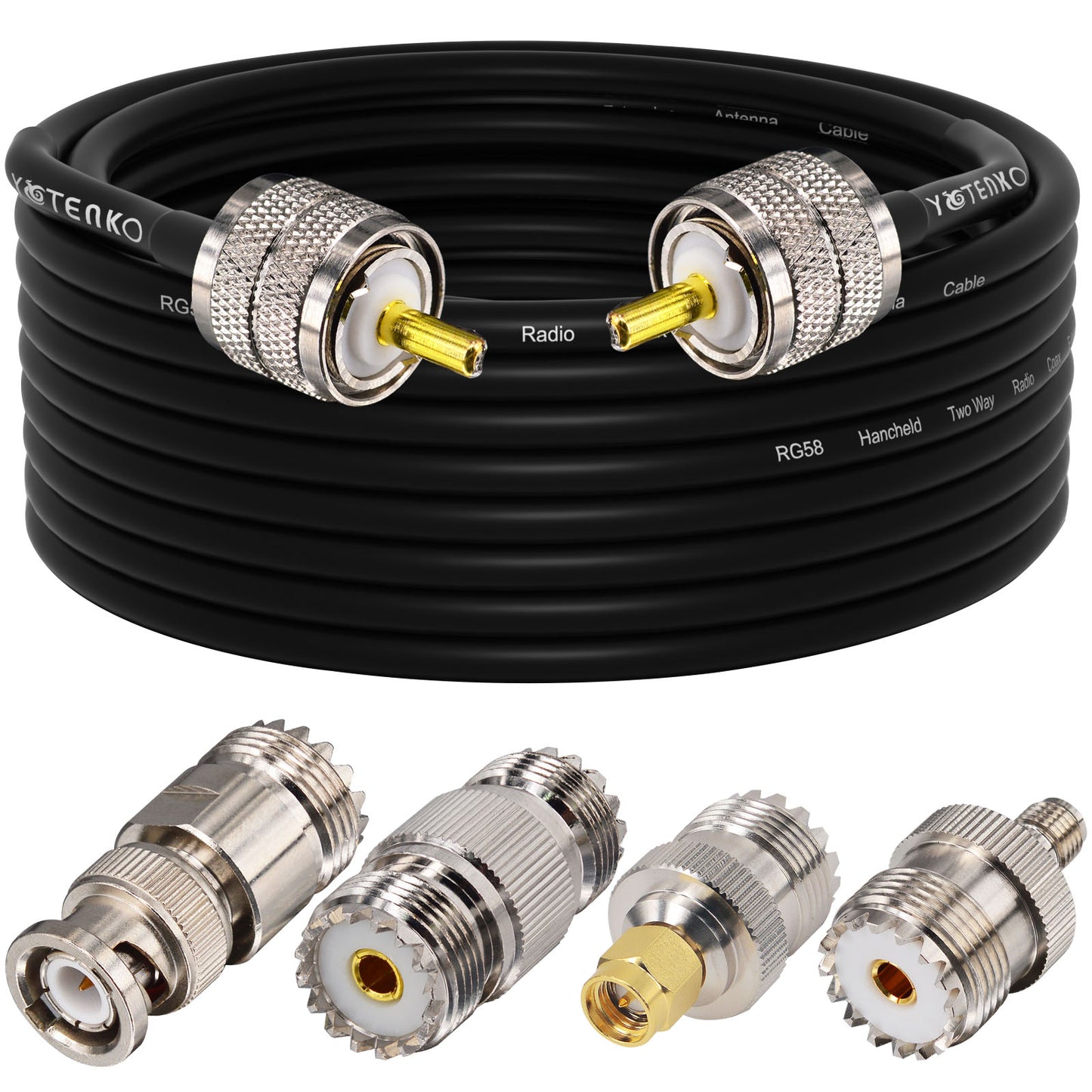 YOTENKO Ham Radio Coax Cable 50 Ohm,RG58 Coaxial Cable 49.2Ft,UHF PL259 Male to Male Cable + UHF SO239 Female to SMA/UHF/BNC Adapter 4-Pack