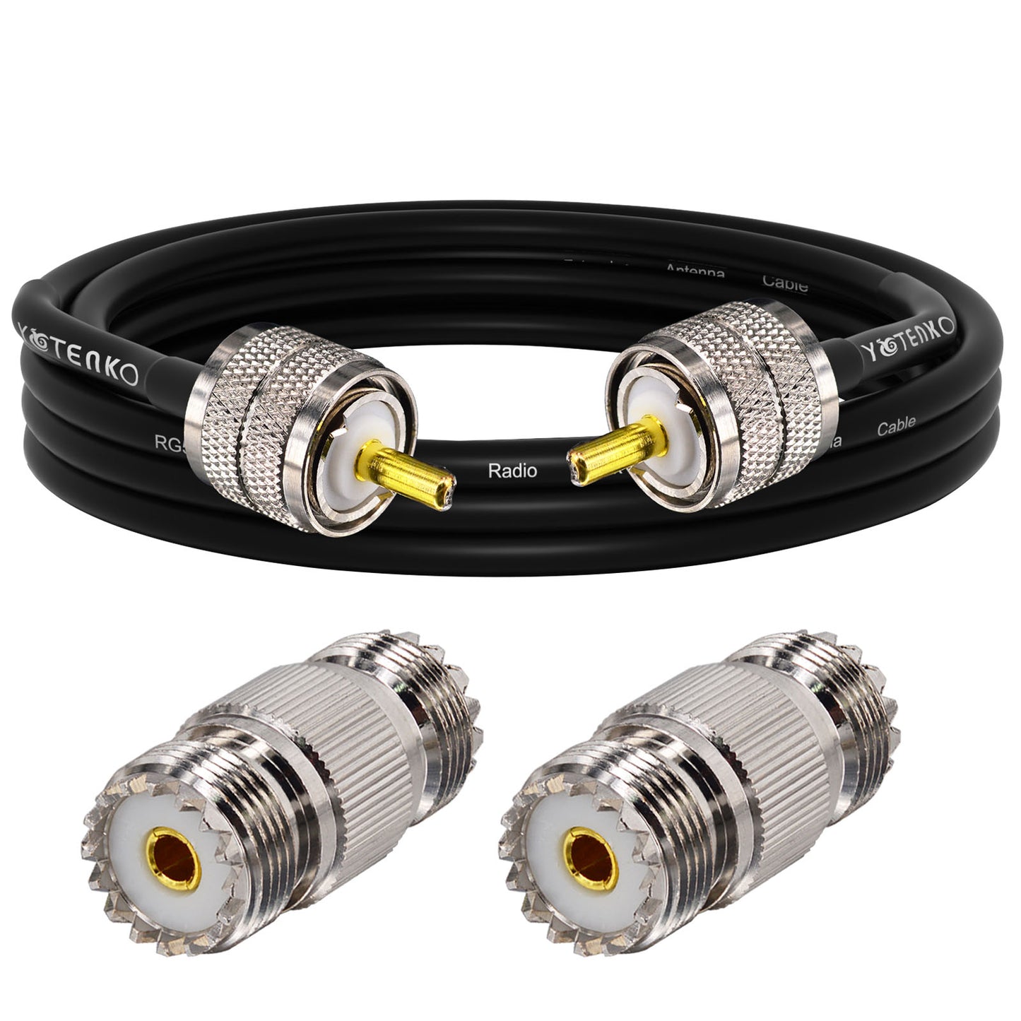 YOTENKO CB Antenna Cable, RG58 Coaxial Cable 49.2ft, UHF PL259 Male Coax Cable + 2PCS UHF SO239 Female Adapter 50 Ohm