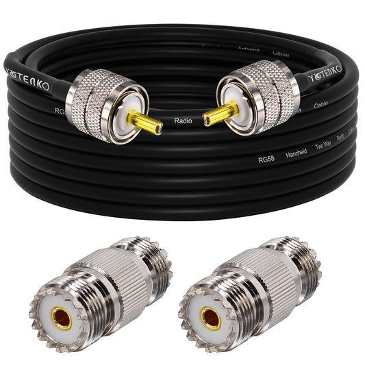 YOTENKO CB Antenna Cable, RG58 Coaxial Cable 49.2ft, UHF PL259 Male Coax Cable + 2PCS UHF SO239 Female Adapter 50 Ohm