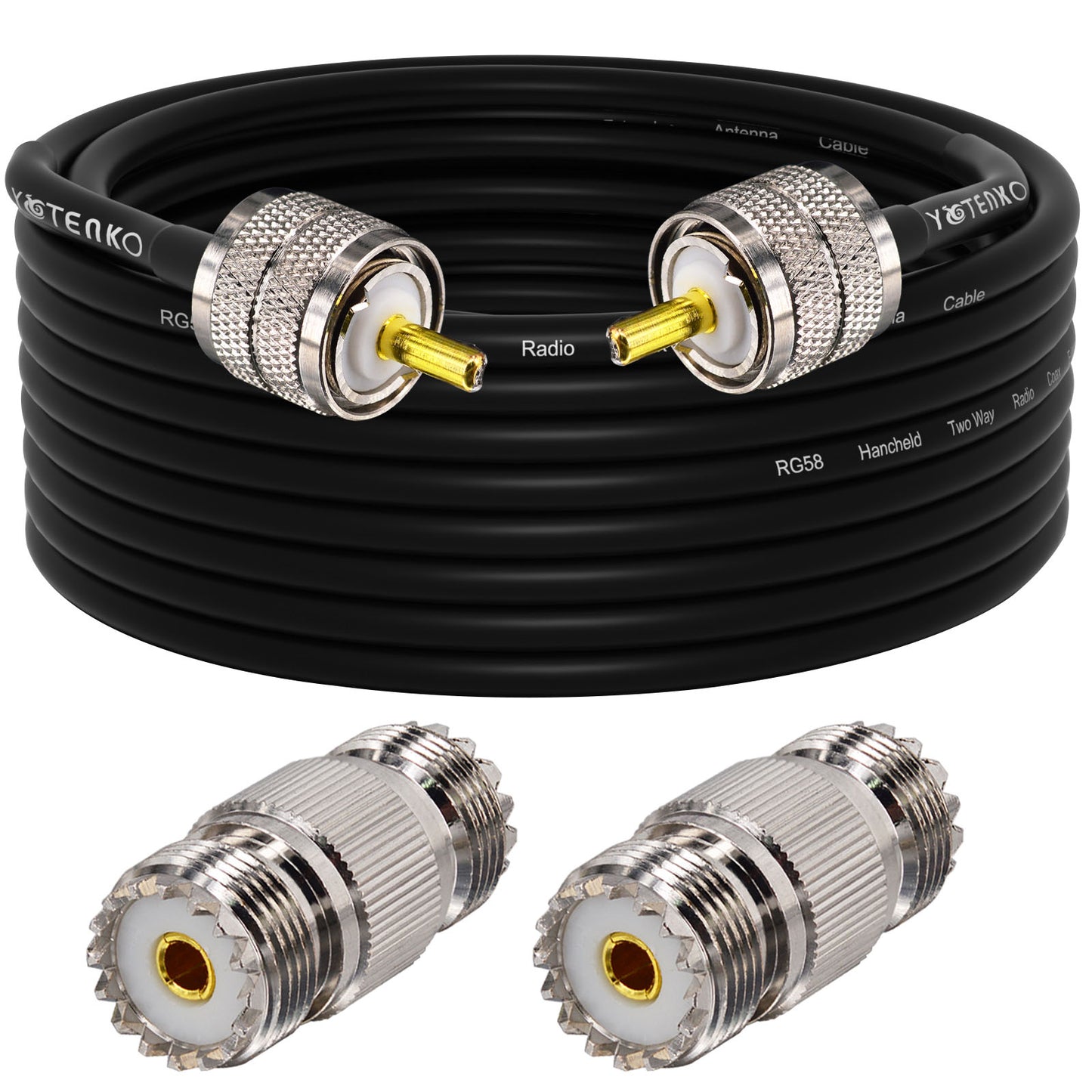 YOTENKO CB Antenna Cable, RG58 Coaxial Cable 49.2ft, UHF PL259 Male Coax Cable + 2PCS UHF SO239 Female Adapter 50 Ohm