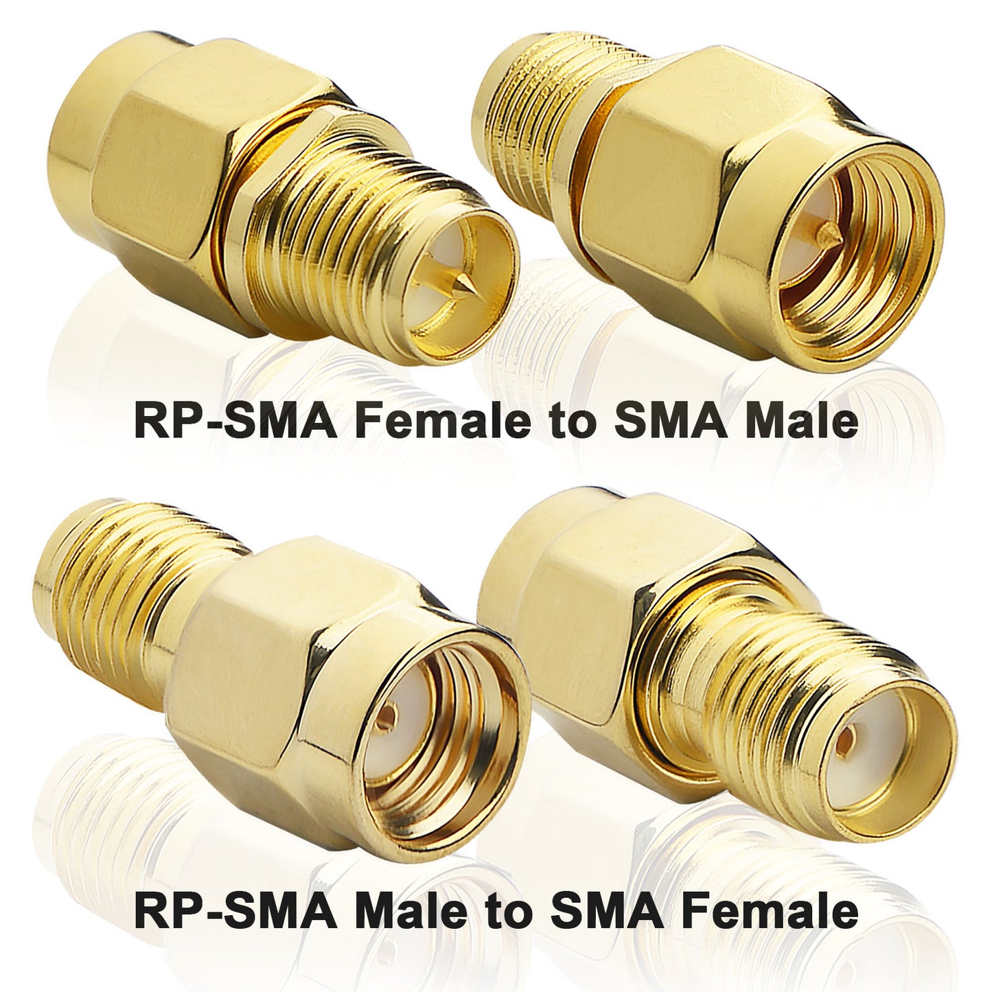 YOTENKO SMA Female to RP-SMA Male, SMA Male to RP-SMA Female, Cable Gender Changers 4-Pack RF Connector Adapter Kit Plug Jack Brass Gold Plated for Radio Antenna