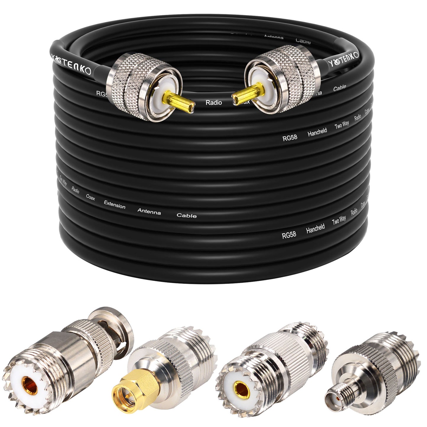 YOTENKO Ham Radio Coax Cable 50 Ohm,RG58 Coaxial Cable 49.2Ft,UHF PL259 Male to Male Cable + UHF SO239 Female to SMA/UHF/BNC Adapter 4-Pack