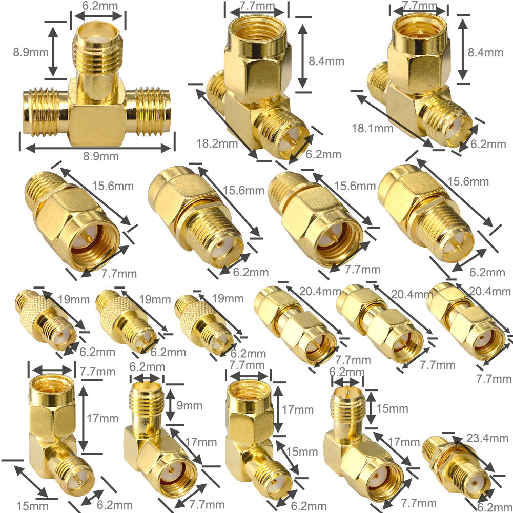 YOTENKO SMA Connectors Kit 18 Type SMA RP-SMA Adapter 90° and Straight Plug and Jack SMA Connector Goldplated Brass RF Coax Connectivity Set