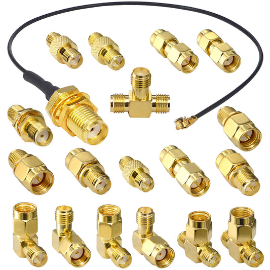 YOTENKO SMA Connectors Kit 18 Type SMA RP-SMA Adapter 90° and Straight Plug and Jack SMA Connector Goldplated Brass RF Coax Connectivity Set