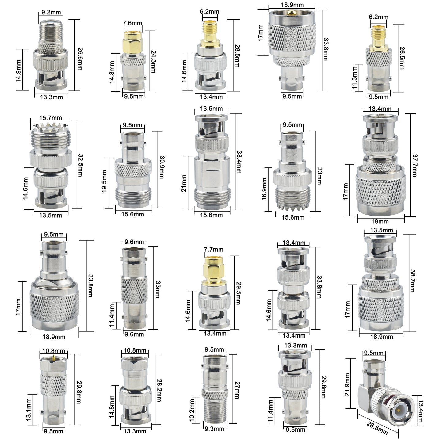 YOTENKO 20pcs BNC Connector Kits BNC to SMA/BNC to BNC/BNC to UHF/BNC to N/BNC to F RF Coax BNC Adapter Male to Female Cable Converter