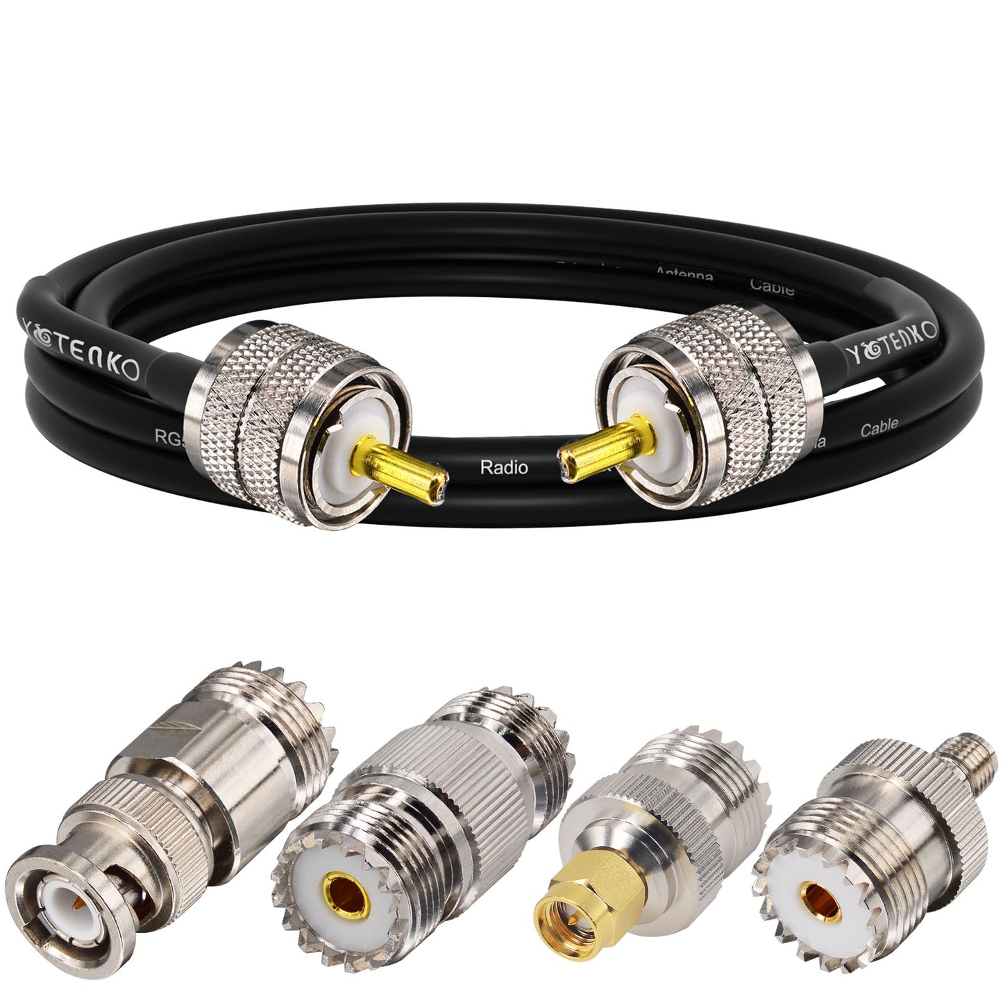 YOTENKO Ham Radio Coax Cable 50 Ohm,RG58 Coaxial Cable 49.2Ft,UHF PL259 Male to Male Cable + UHF SO239 Female to SMA/UHF/BNC Adapter 4-Pack