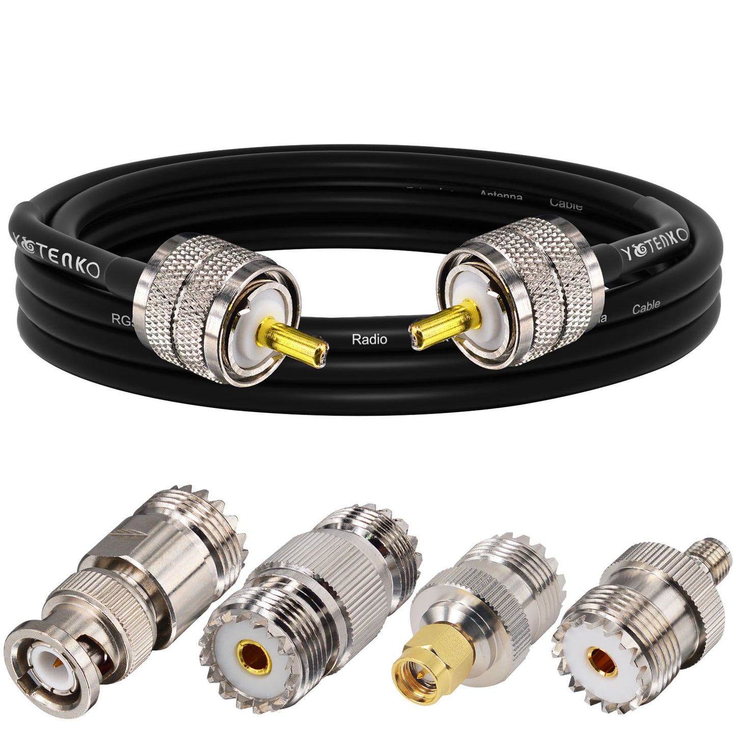 YOTENKO Ham Radio Coax Cable 50 Ohm,RG58 Coaxial Cable 49.2Ft,UHF PL259 Male to Male Cable + UHF SO239 Female to SMA/UHF/BNC Adapter 4-Pack