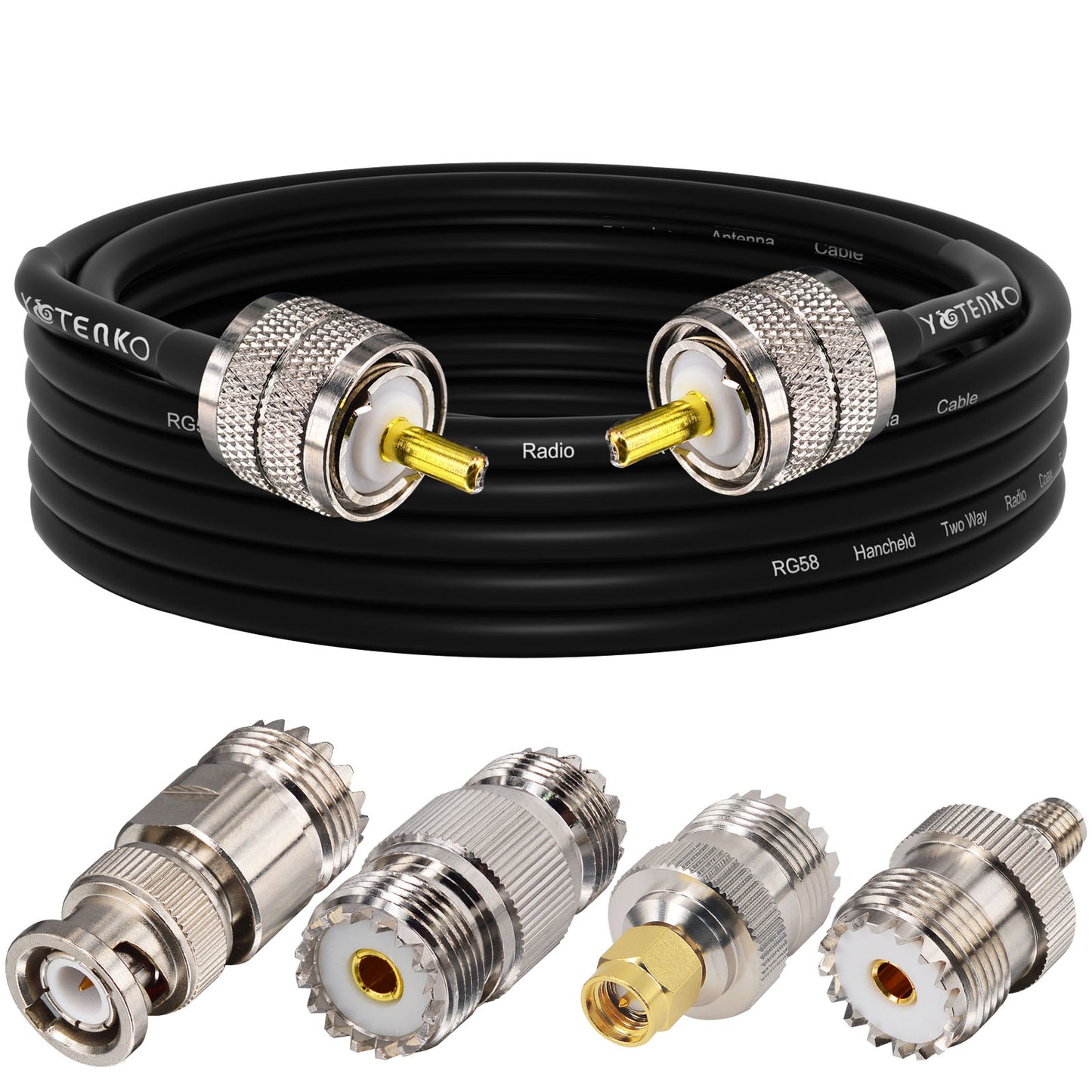 YOTENKO Ham Radio Coax Cable 50 Ohm,RG58 Coaxial Cable 49.2Ft,UHF PL259 Male to Male Cable + UHF SO239 Female to SMA/UHF/BNC Adapter 4-Pack