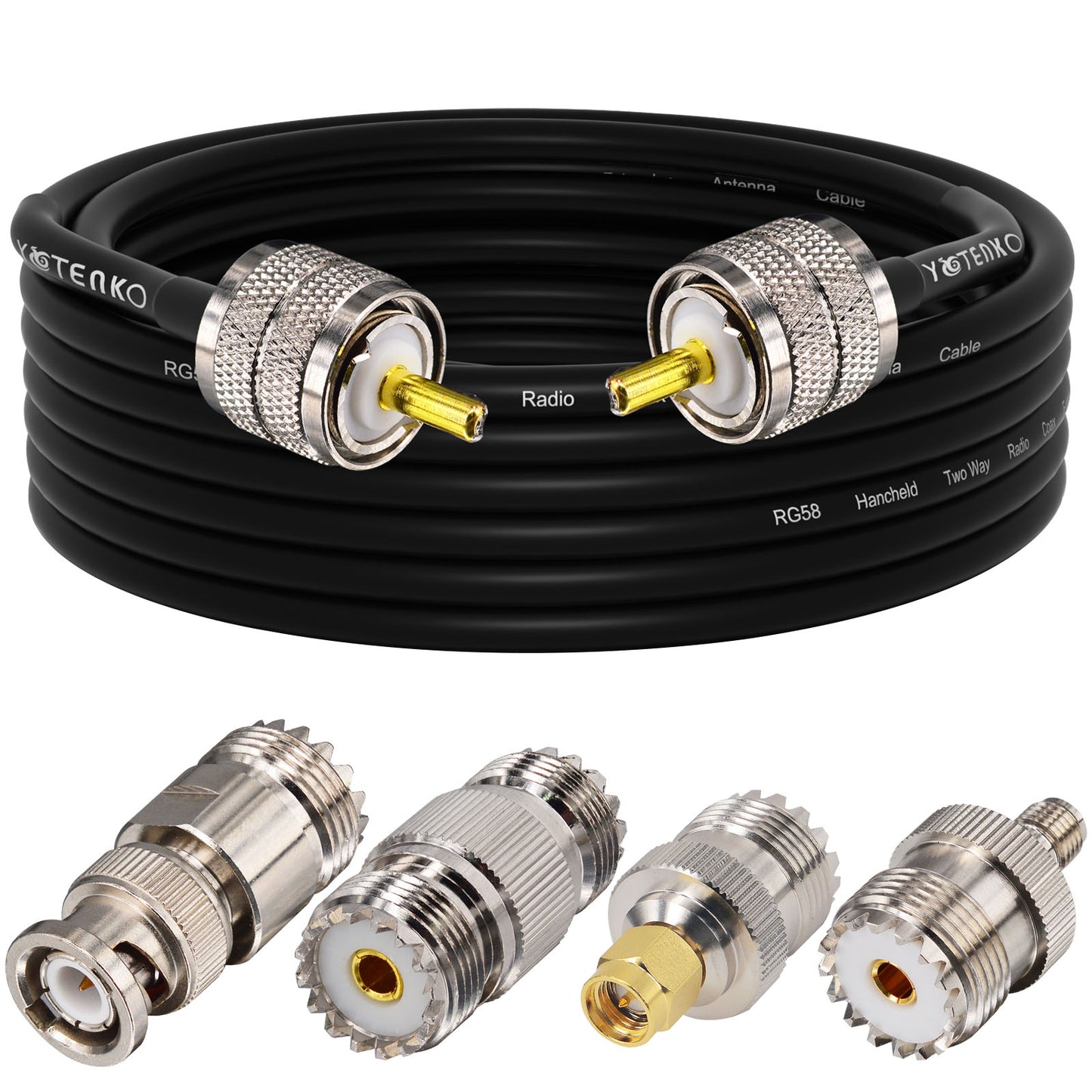 YOTENKO Ham Radio Coax Cable 50 Ohm,RG58 Coaxial Cable 49.2Ft,UHF PL259 Male to Male Cable + UHF SO239 Female to SMA/UHF/BNC Adapter 4-Pack