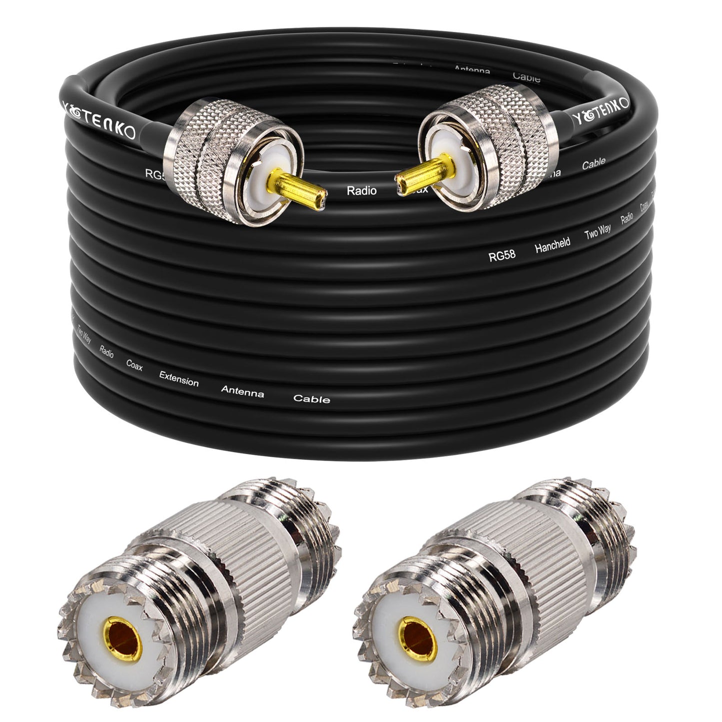 YOTENKO CB Antenna Cable, RG58 Coaxial Cable 49.2ft, UHF PL259 Male Coax Cable + 2PCS UHF SO239 Female Adapter 50 Ohm