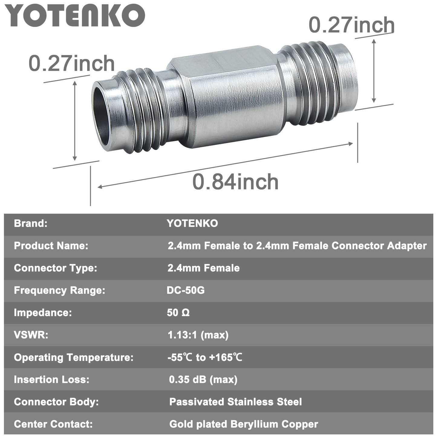 YOTENKO 2.4mm Female to 2.4mm Female Millimeter-Wave Connector, 2.4mm Female Jack Precision RF mmWave Microwave Adapter, DC to 50 GHz, VSWR 1:1.3, 50 Ohm, Stainless Steel Body