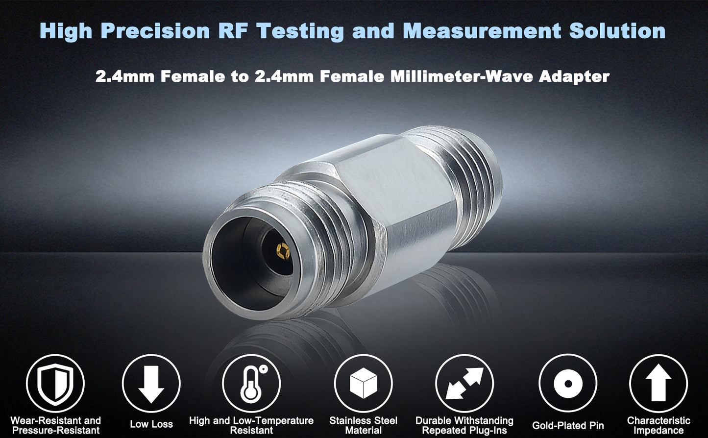 YOTENKO 2.4mm Female to 2.4mm Female Millimeter-Wave Connector, 2.4mm Female Jack Precision RF mmWave Microwave Adapter, DC to 50 GHz, VSWR 1:1.3, 50 Ohm, Stainless Steel Body