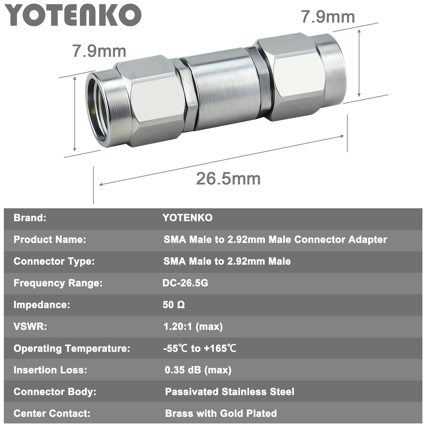 YOTENKO 2.92mm Male to SMA Male Millimeter-Wave Connector, 2.4mm Female Jack Precision RF Microwave mmWave Adapter, DC to 26.5 GHz, VSWR 1:1.2, 50 Ohm, Stainless Steel Body