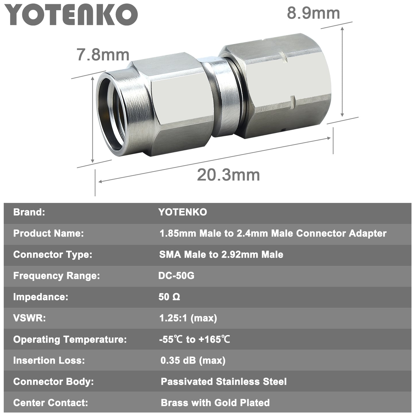 YOTENKO 1.85mm Male to 2.4,mm Male Millimeter-Wave Connector, 1.85mm to 2.4mm Precision RF Microwave mmWave Adapter, DC to 50 GHz, VSWR 1:1.25, 50 Ohm, Stainless Steel Body