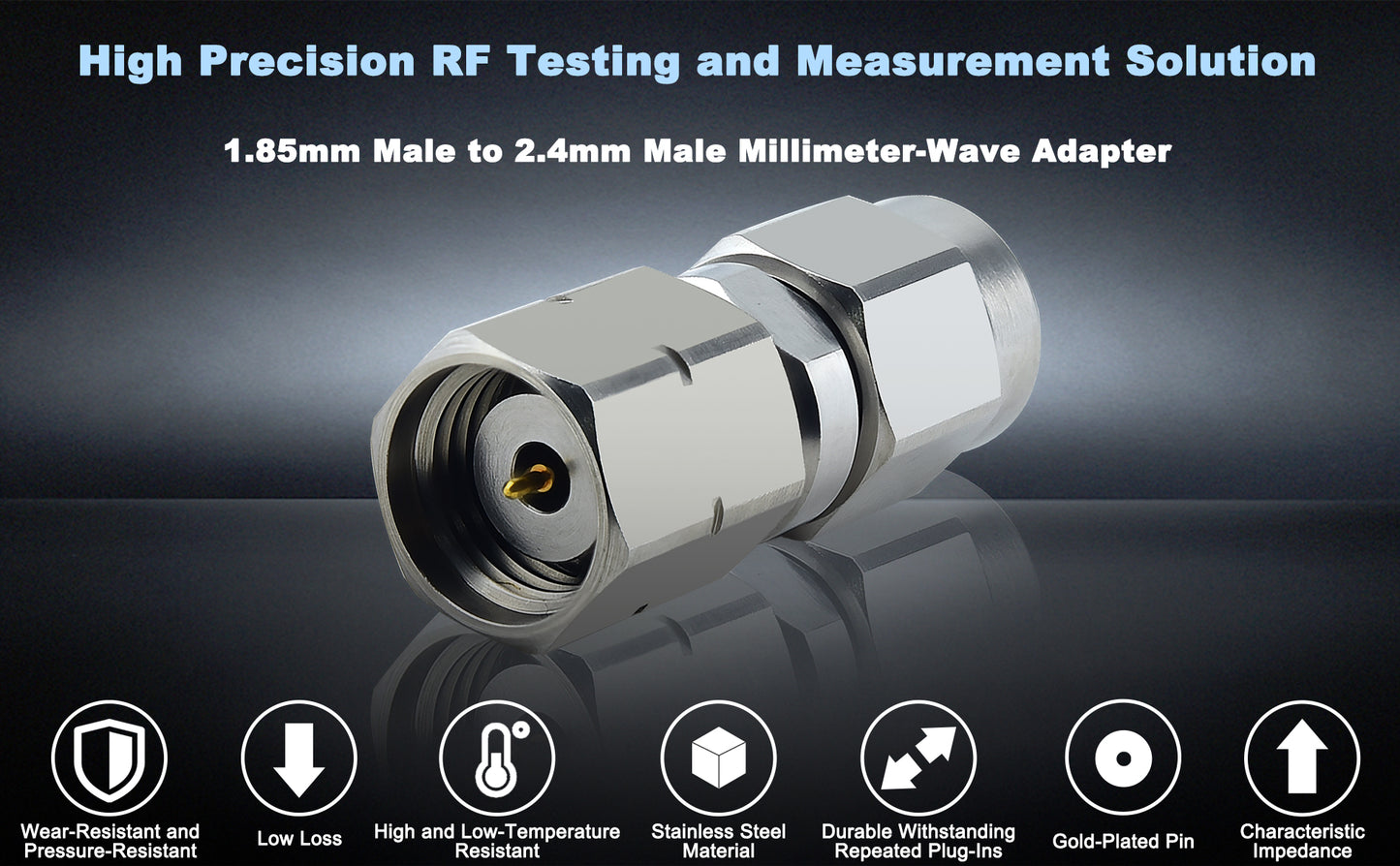 YOTENKO 1.85mm Male to 2.4,mm Male Millimeter-Wave Connector, 1.85mm to 2.4mm Precision RF Microwave mmWave Adapter, DC to 50 GHz, VSWR 1:1.25, 50 Ohm, Stainless Steel Body