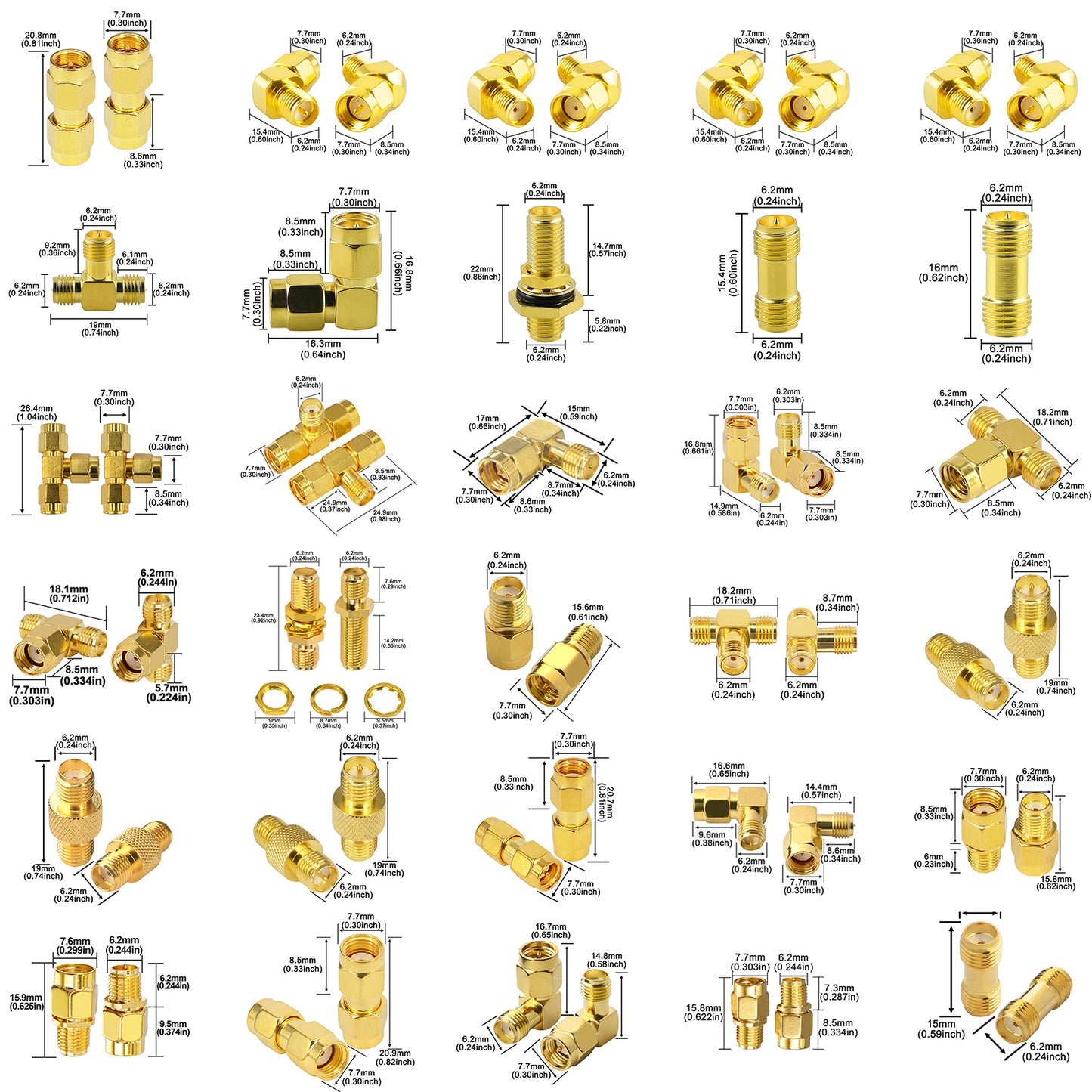 YOTENKO SMA Connectors Kit 30 Type SMA RP-SMA Male Female Adapter, T-Type 90° 45° Straight SMA Adapter Goldplated Brass RF Coax Set for FPV Baofeng Antennas Radio Yaesu IP Camera SDR