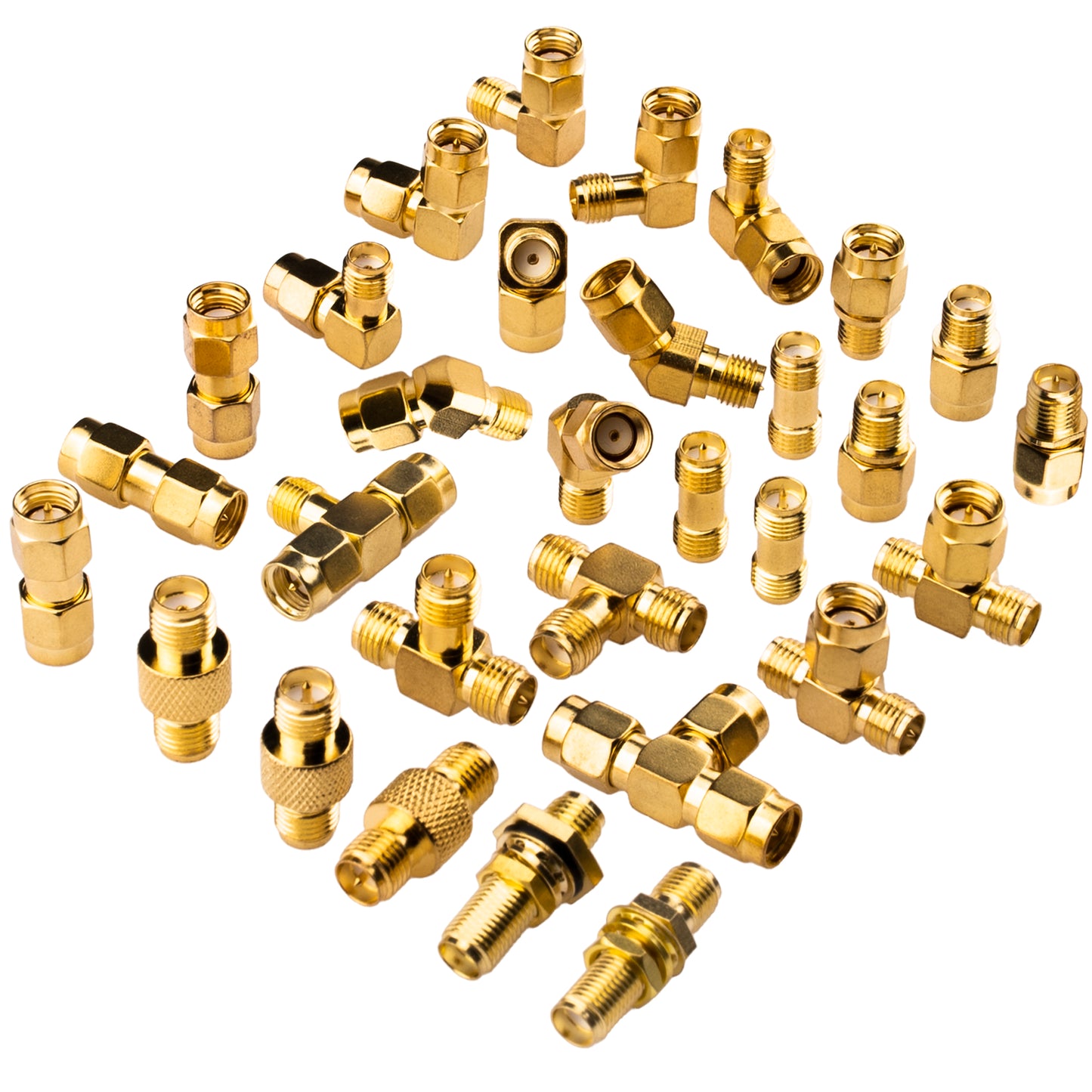 YOTENKO SMA Connectors Kit 30 Type SMA RP-SMA Male Female Adapter, T-Type 90° 45° Straight SMA Adapter Goldplated Brass RF Coax Set for FPV Baofeng Antennas Radio Yaesu IP Camera SDR