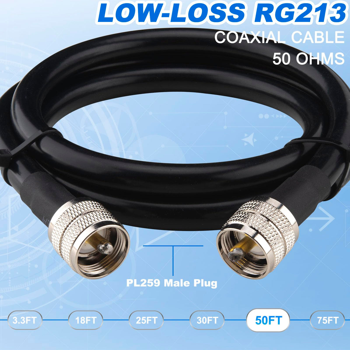 YOTENKO RG213 Coaxial Cable, PL259 Male to PL259 Male, 50 Ohm - product details