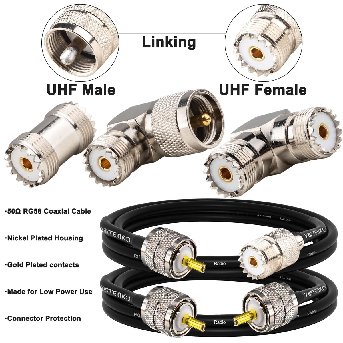 YOTENKO RG58 UHF Coaxial Extension Cable Set, PL259 SO239, 50 Ohm - product details