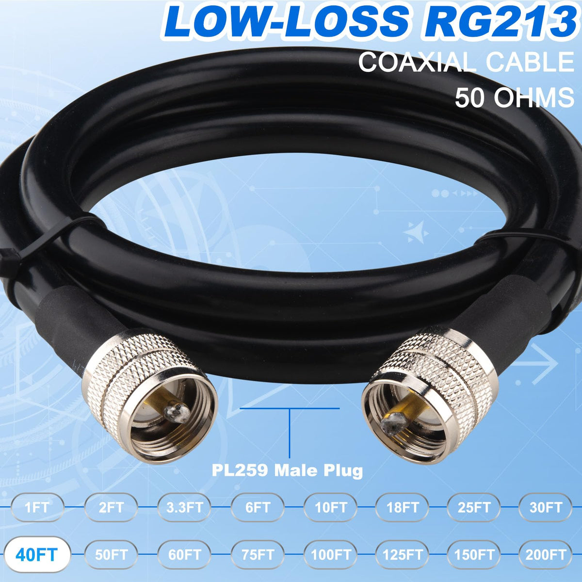 YOTENKO RG213 Coaxial Cable, PL259 Male to PL259 Male, 50 Ohm - product details