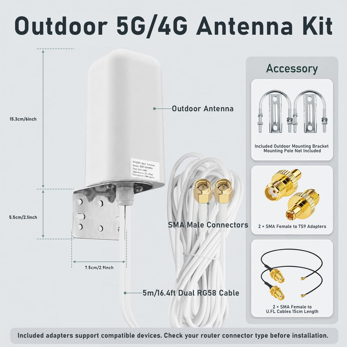 YOTENKO 5G 4G LTE Outdoor 2x2 MIMO Antenna, 698-6000MHz - product details