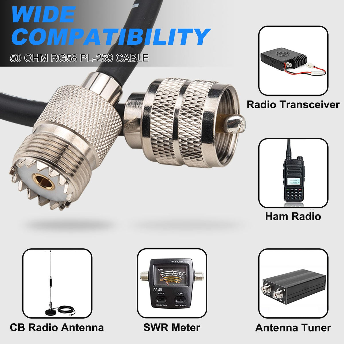 YOTENKO RG58 UHF Coaxial Extension Cable Set, PL259 SO239, 50 Ohm - product details