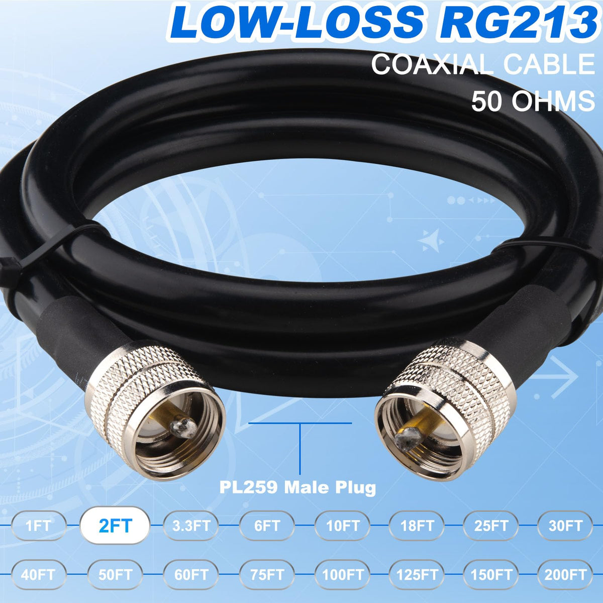 YOTENKO RG213 Coaxial Cable, PL259 Male to PL259 Male, 50 Ohm - product details