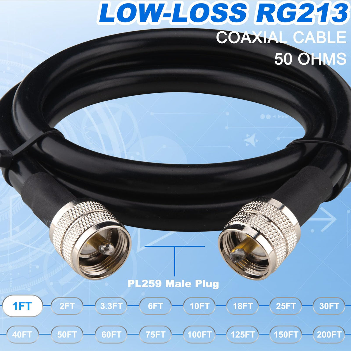 YOTENKO RG213 Coaxial Cable, PL259 Male to PL259 Male, 50 Ohm - product details