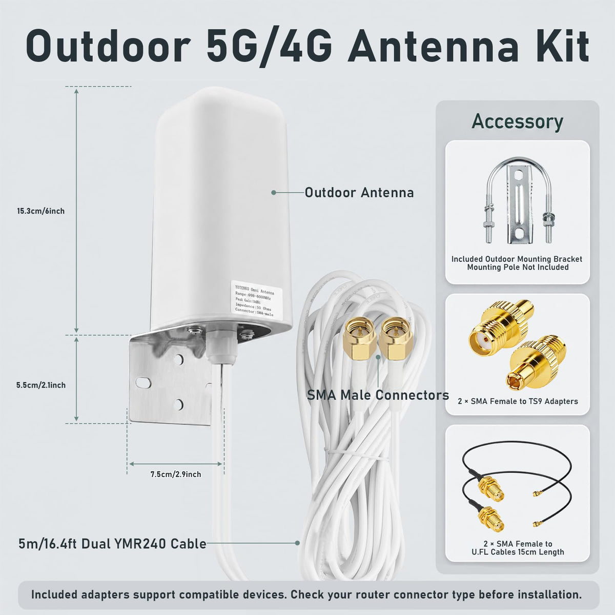 YOTENKO 5G 4G LTE Outdoor 2x2 MIMO Antenna, 698-6000MHz - product details