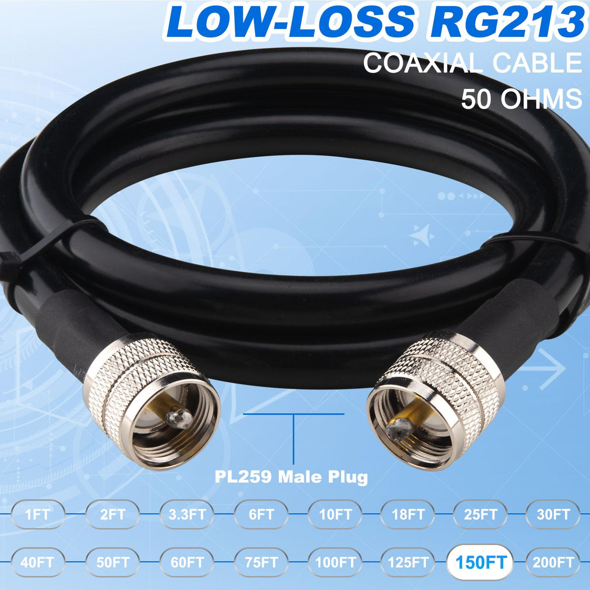YOTENKO RG213 Coaxial Cable, PL259 Male to PL259 Male, 50 Ohm - product details