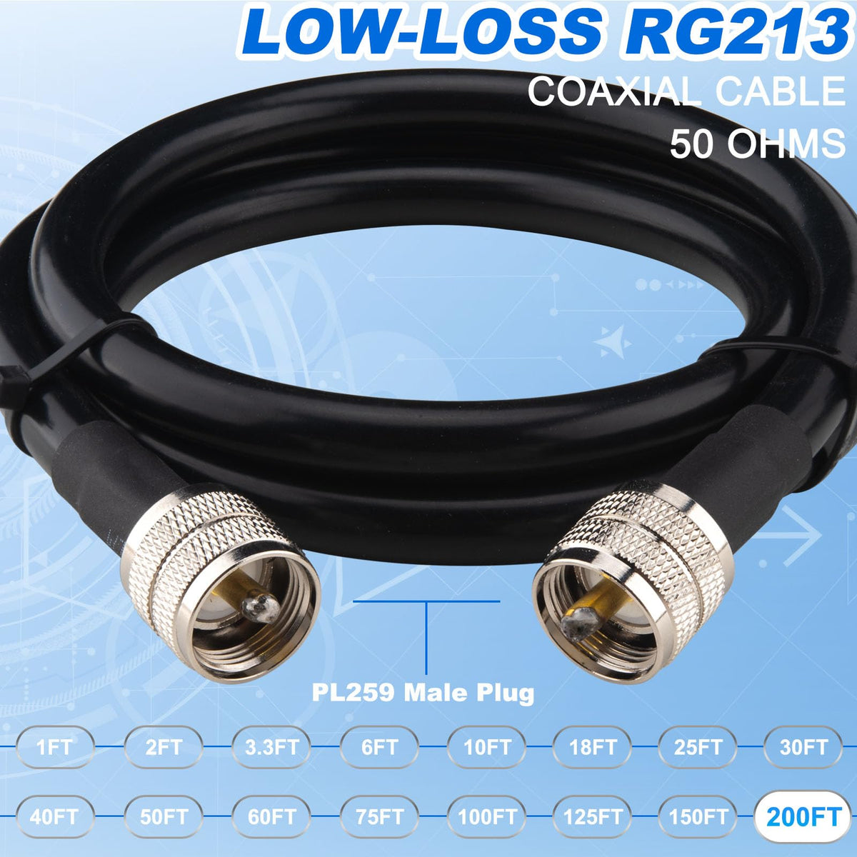 YOTENKO RG213 Coaxial Cable, PL259 Male to PL259 Male, 50 Ohm - product details
