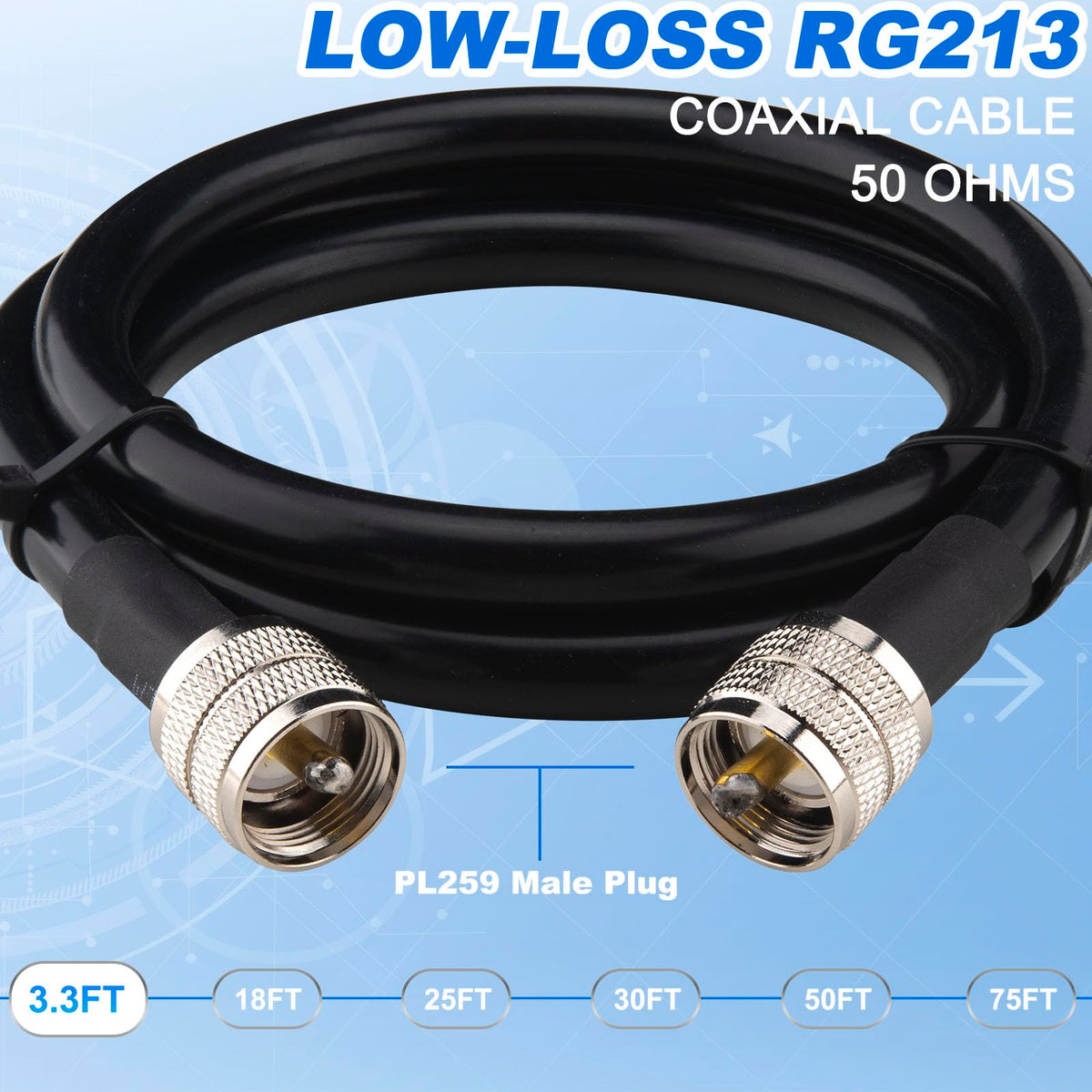 YOTENKO RG213 Coaxial Cable, PL259 Male to PL259 Male, 50 Ohm - product details