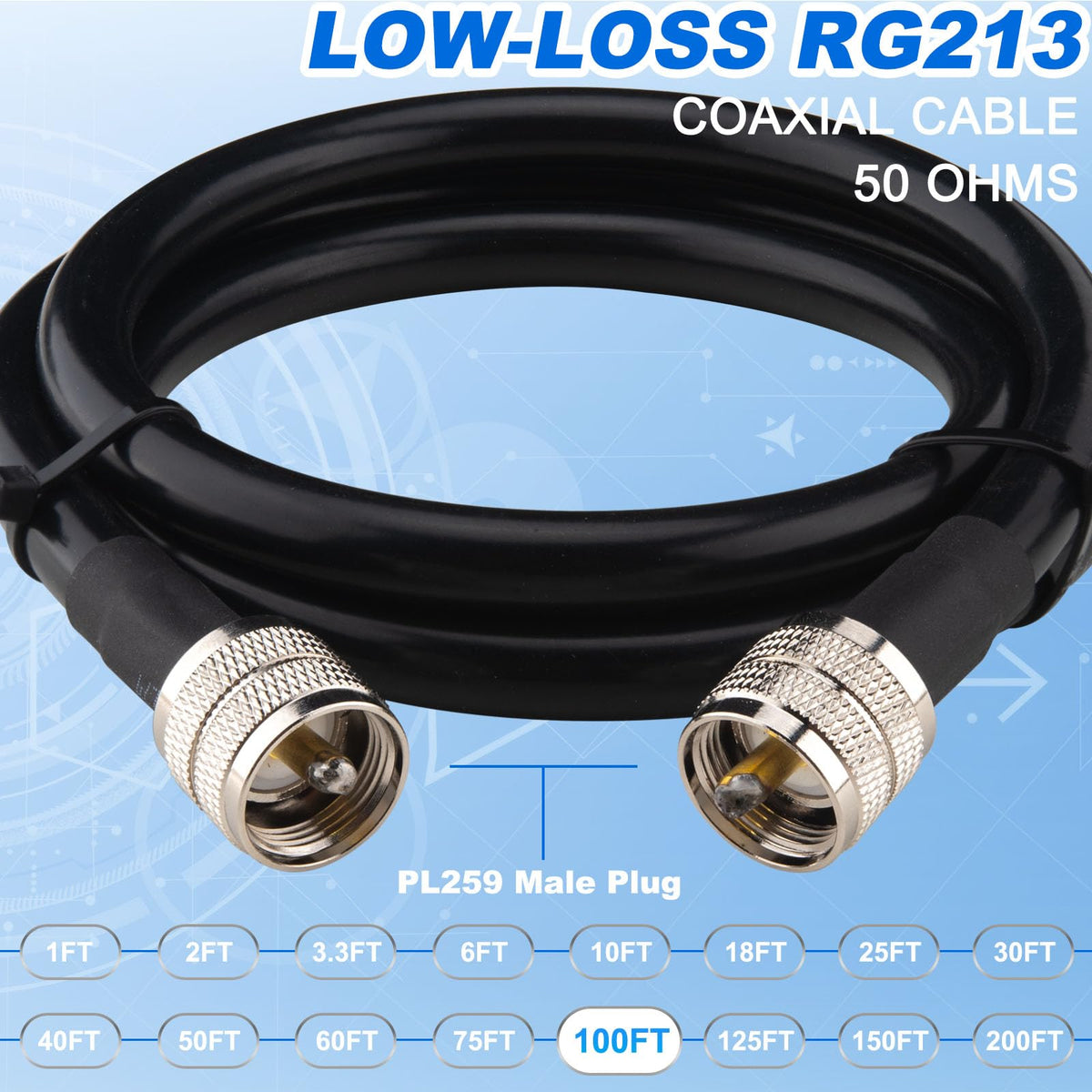 YOTENKO RG213 Coaxial Cable, PL259 Male to PL259 Male, 50 Ohm - product details
