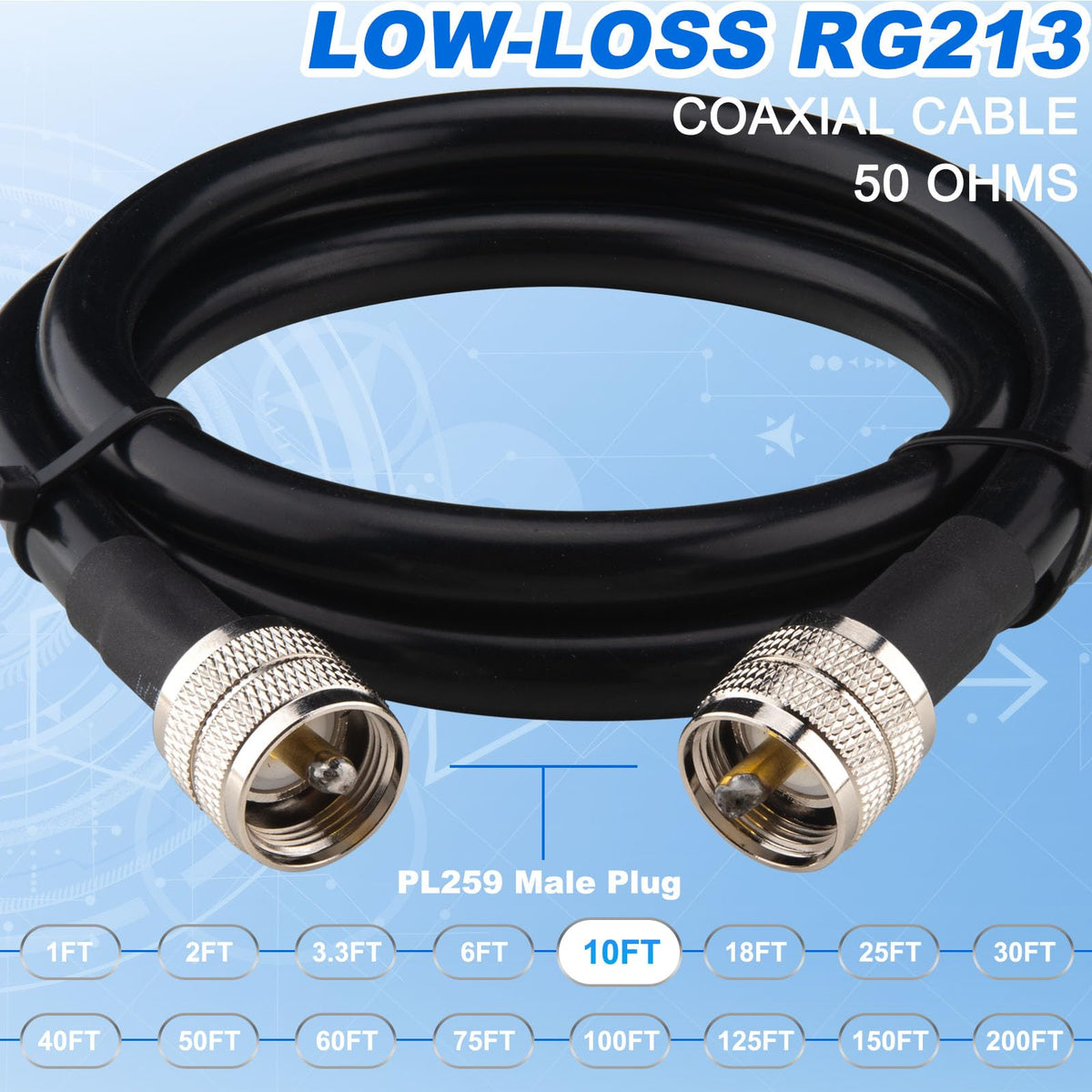 YOTENKO RG213 Coaxial Cable, PL259 Male to PL259 Male, 50 Ohm - product details