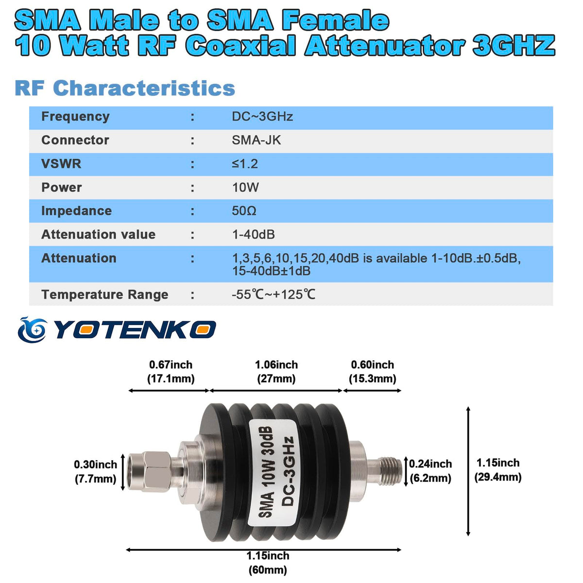 YOTENKO SMA RF Attenuator, 30dB, 10W, 50 Ohm, DC-3GHz - product details