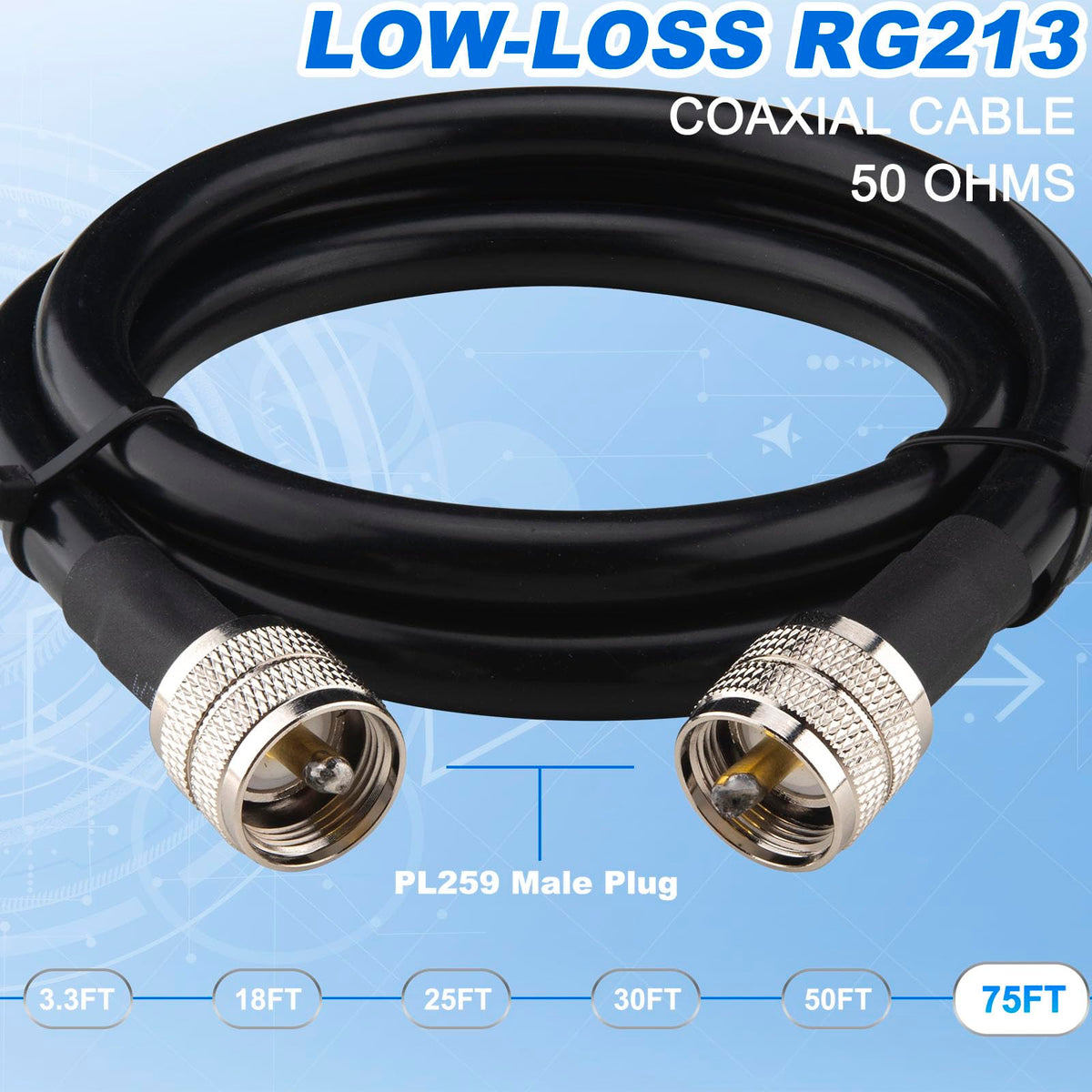 YOTENKO RG213 Coaxial Cable, PL259 Male to PL259 Male, 50 Ohm - product details